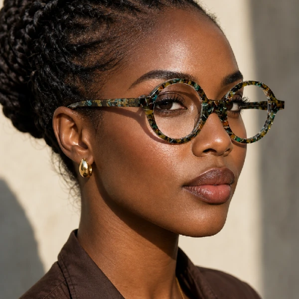 Femme portant des lunettes de vue rondes écaille multicolore Fitnoz by Dareven