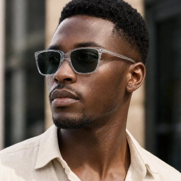Homme portant des lunettes de soleil carrées transparentes Fitnoz by Dareven