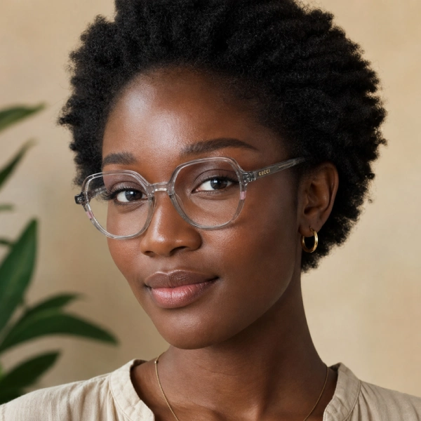 Femme africaine portant la monture Gucci papillon gris fumé