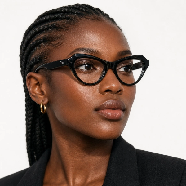 Femme portant la monture Dior œil-de-chat noire