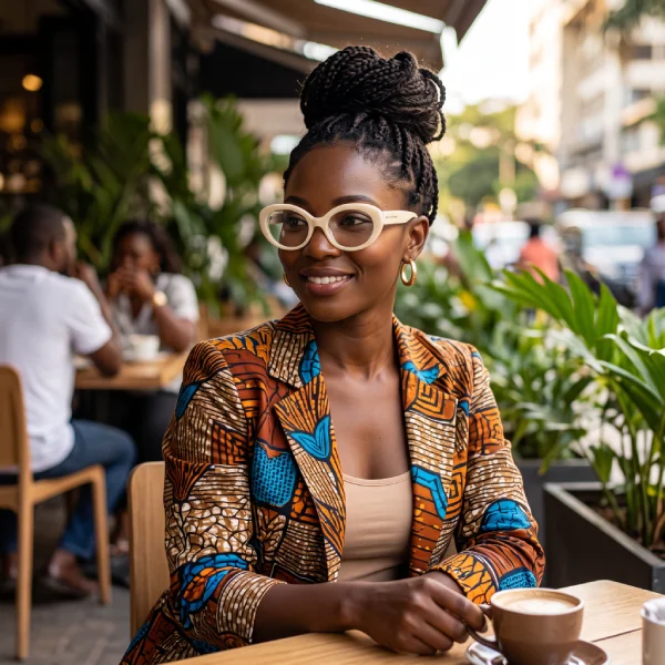 Femme portant les lunettes Mó Front Row, monture ovale ivoire
